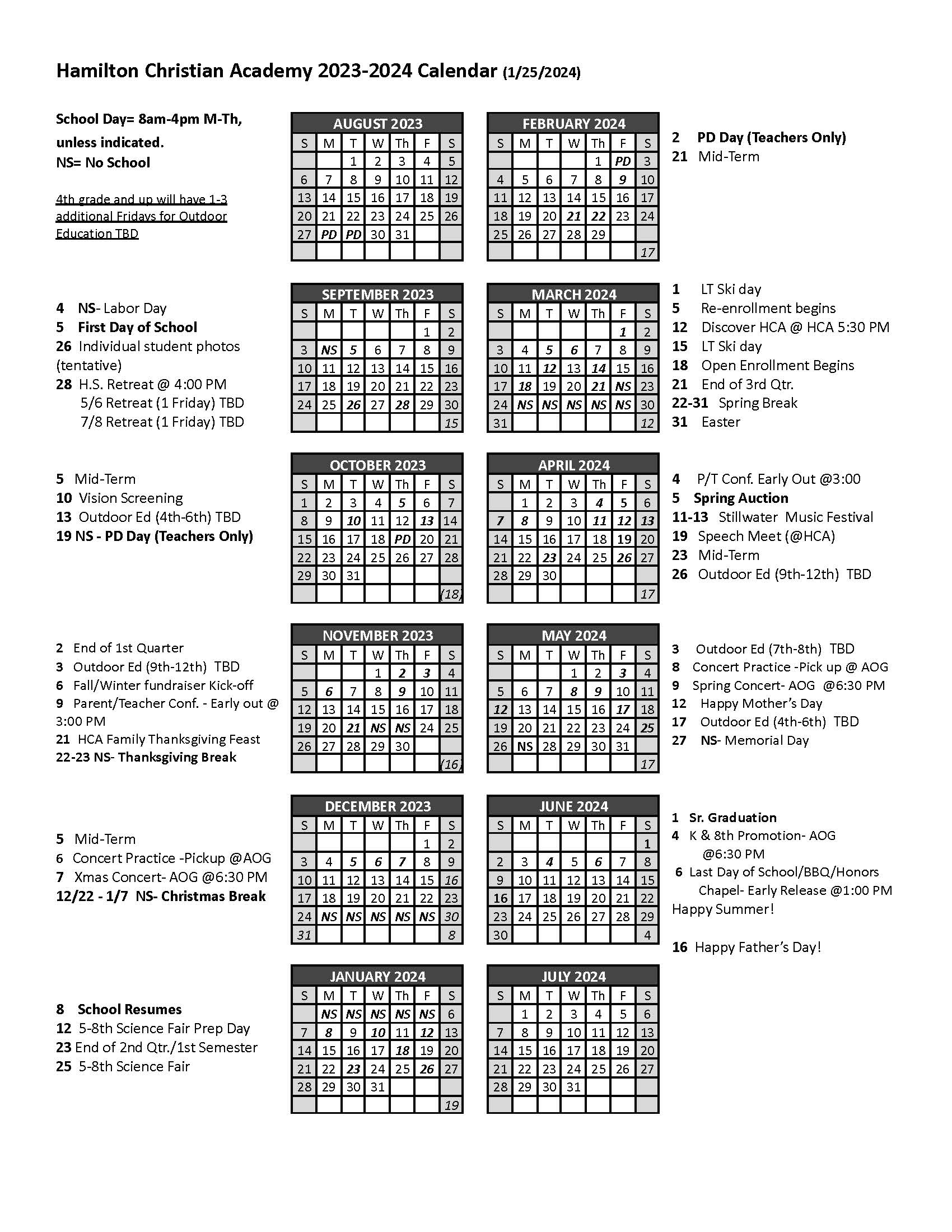 Calendar Hamilton Christian Academy